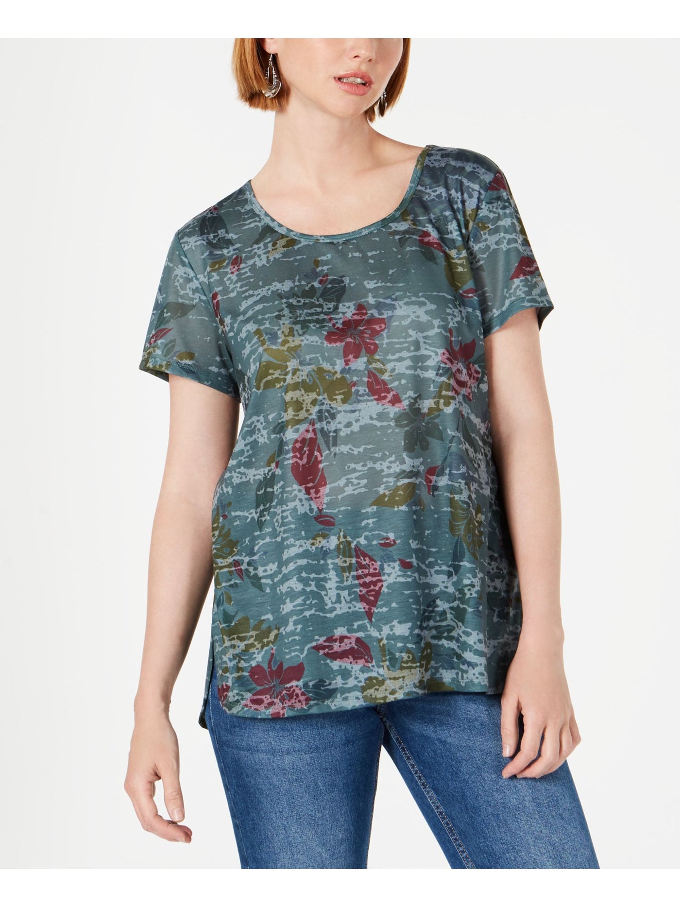 STYLE & COMPANY Womens Green Printed Short Sleeve Scoop Neck T-Shirt XS
