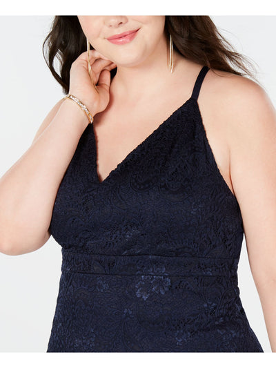 EMERALD SUNDAE Womens Navy Racerback Spaghetti Strap V Neck Above The Knee Cocktail Body Con Dress Plus 2X