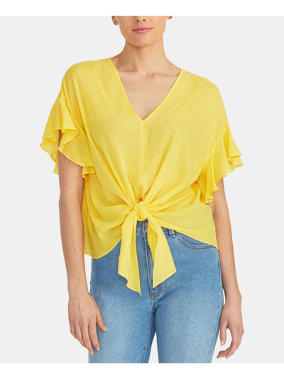 RACHEL ROY Womens Yellow Tie Front Short Sleeve V Neck Top XL