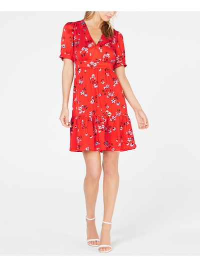 JILL STUART Womens Ruffled Puff Sleeve V Neck Mini Shift Dress