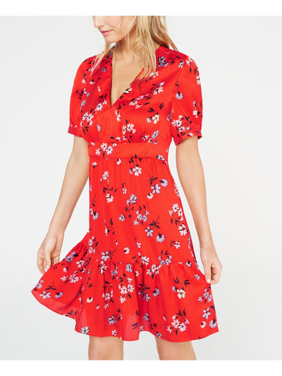 JILL STUART Womens Ruffled Puff Sleeve V Neck Mini Shift Dress
