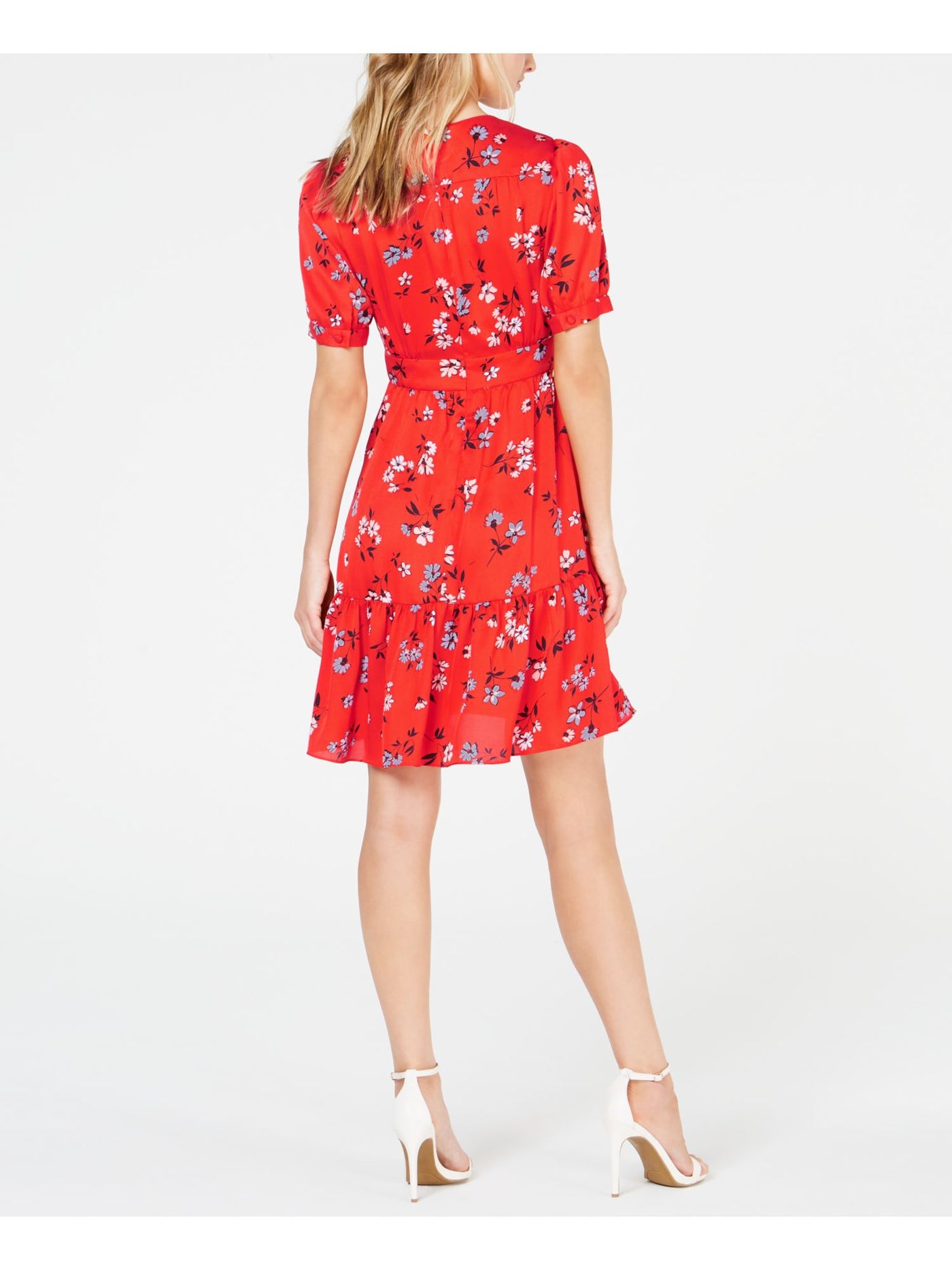 JILL STUART Womens Ruffled Puff Sleeve V Neck Mini Shift Dress