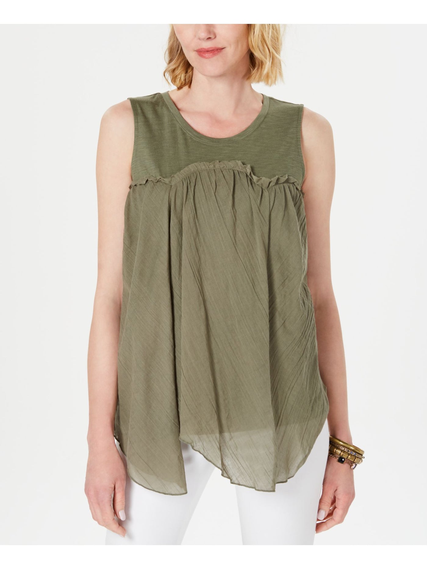 STYLE & COMPANY Womens Green Handkerchief-hem Sleeveless Crew Neck Handkerchief Top S