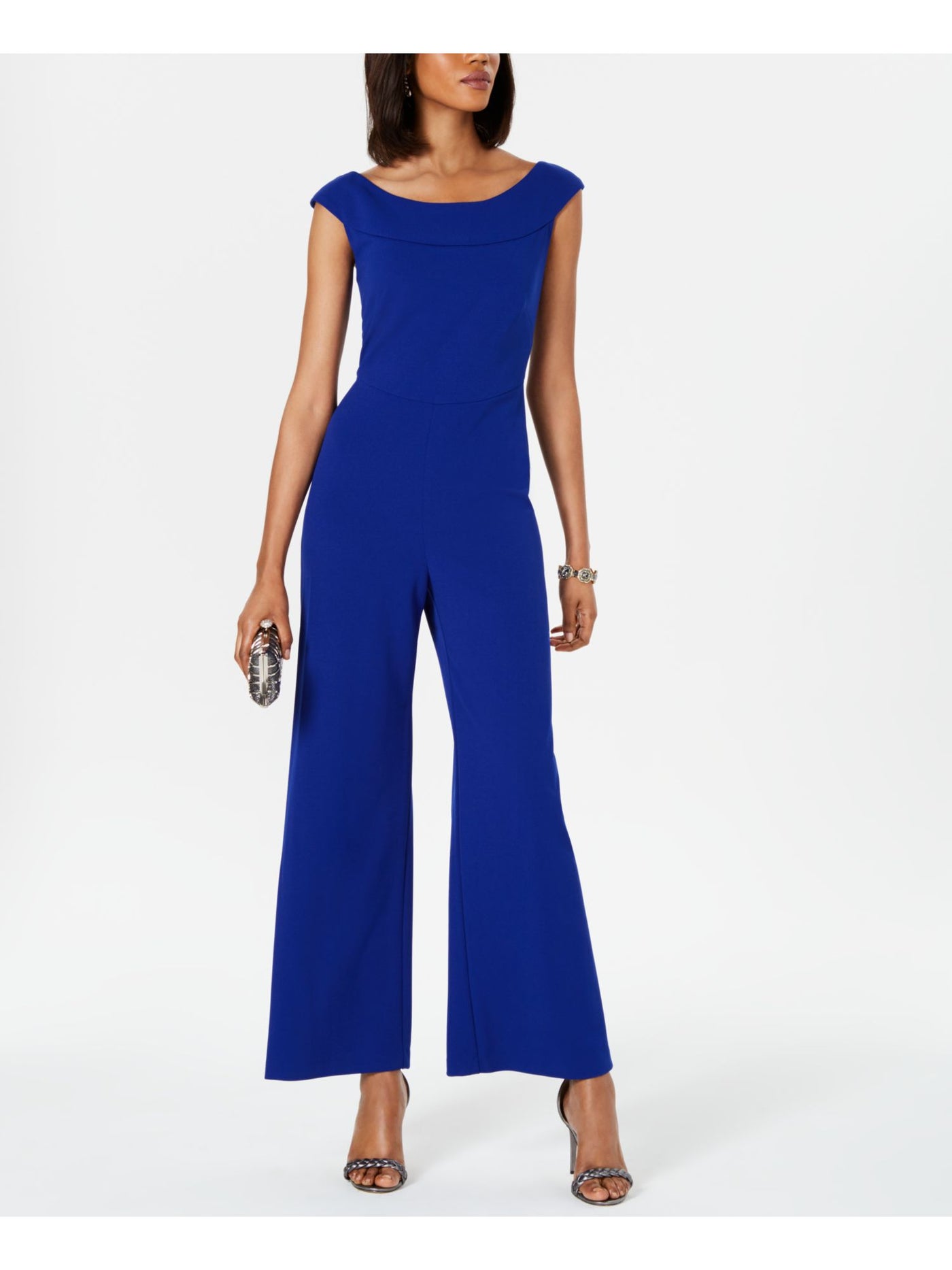 CONNECTED APPAREL Womens Blue Zippered Short Sleeve Off Shoulder Wear To Work Wide Leg Jumpsuit 14