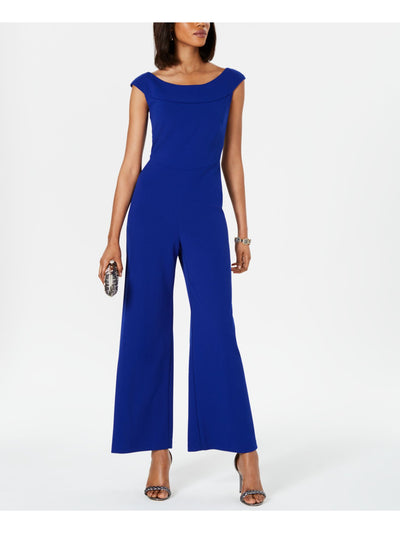 CONNECTED APPAREL Womens Blue Zippered Short Sleeve Off Shoulder Wear To Work Wide Leg Jumpsuit 14