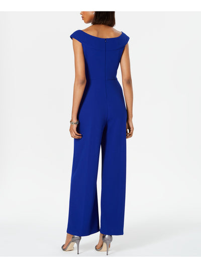 CONNECTED APPAREL Womens Blue Zippered Short Sleeve Off Shoulder Wear To Work Wide Leg Jumpsuit 14