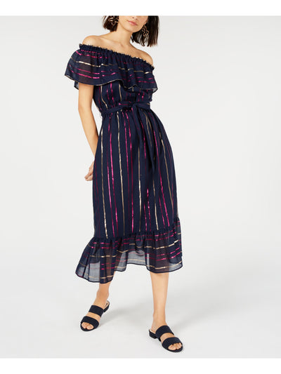 MAISON JULES Womens Navy Striped Short Sleeve Tea-Length Sheath Dress Size: XXS