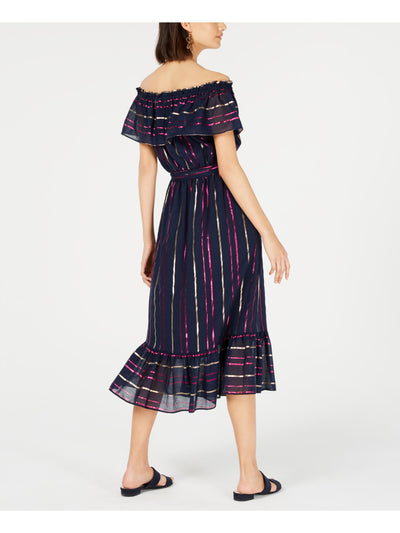 MAISON JULES Womens Navy Striped Short Sleeve Tea-Length Sheath Dress Size: XXS
