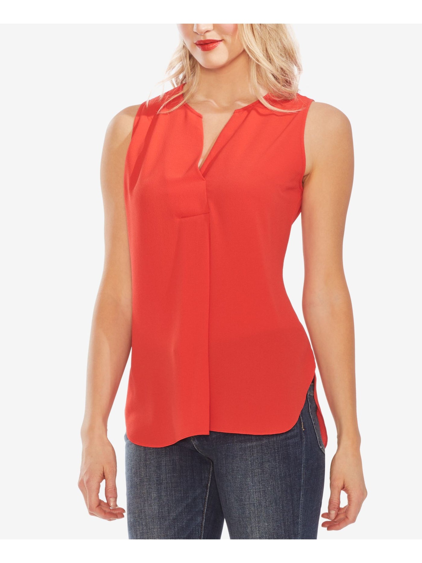 VINCE CAMUTO Womens Red Sleeveless Mandarin Collar Hi-Lo Top XXS