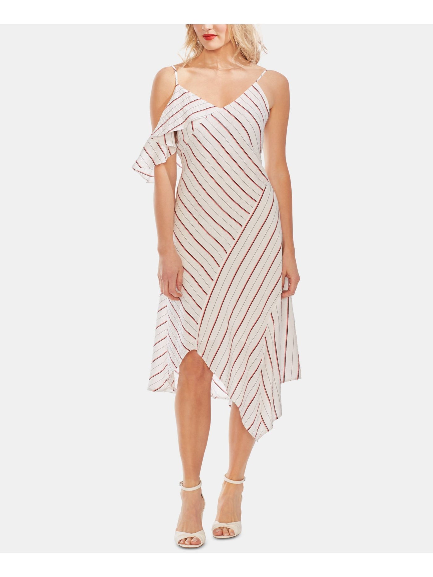 VINCE CAMUTO Womens White Striped Spaghetti Strap V Neck Midi Sheath Dress 14