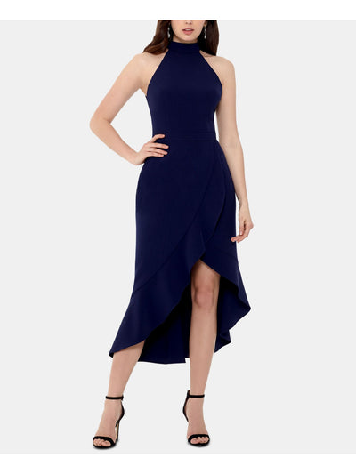 XSCAPE Womens Navy Ruffled Sleeveless Halter Tea-Length Formal Hi-Lo Dress 14