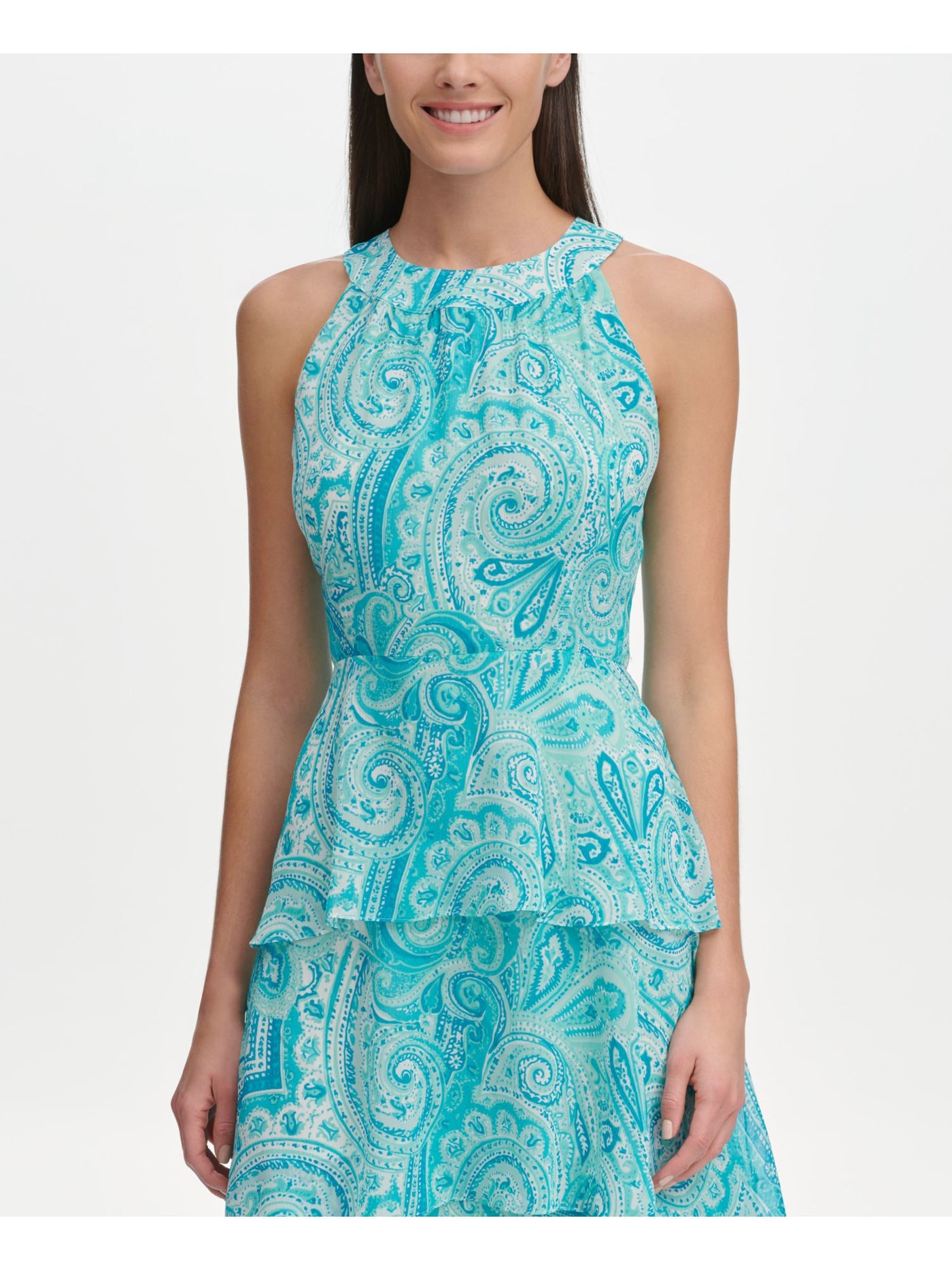 TOMMY HILFIGER Womens Aqua Tiered Paisley Sleeveless Halter Maxi Formal Sheath Dress 16