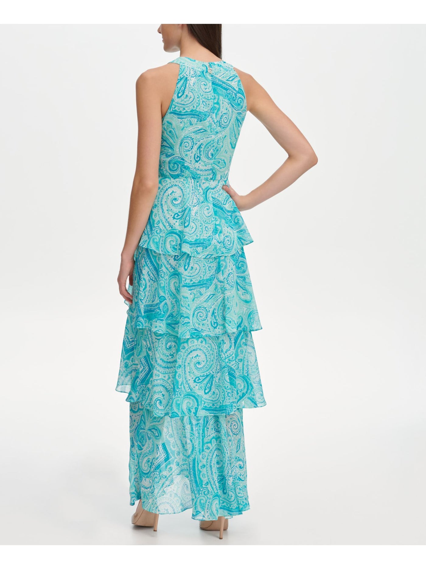 TOMMY HILFIGER Womens Aqua Tiered Paisley Sleeveless Halter Maxi Formal Sheath Dress 16