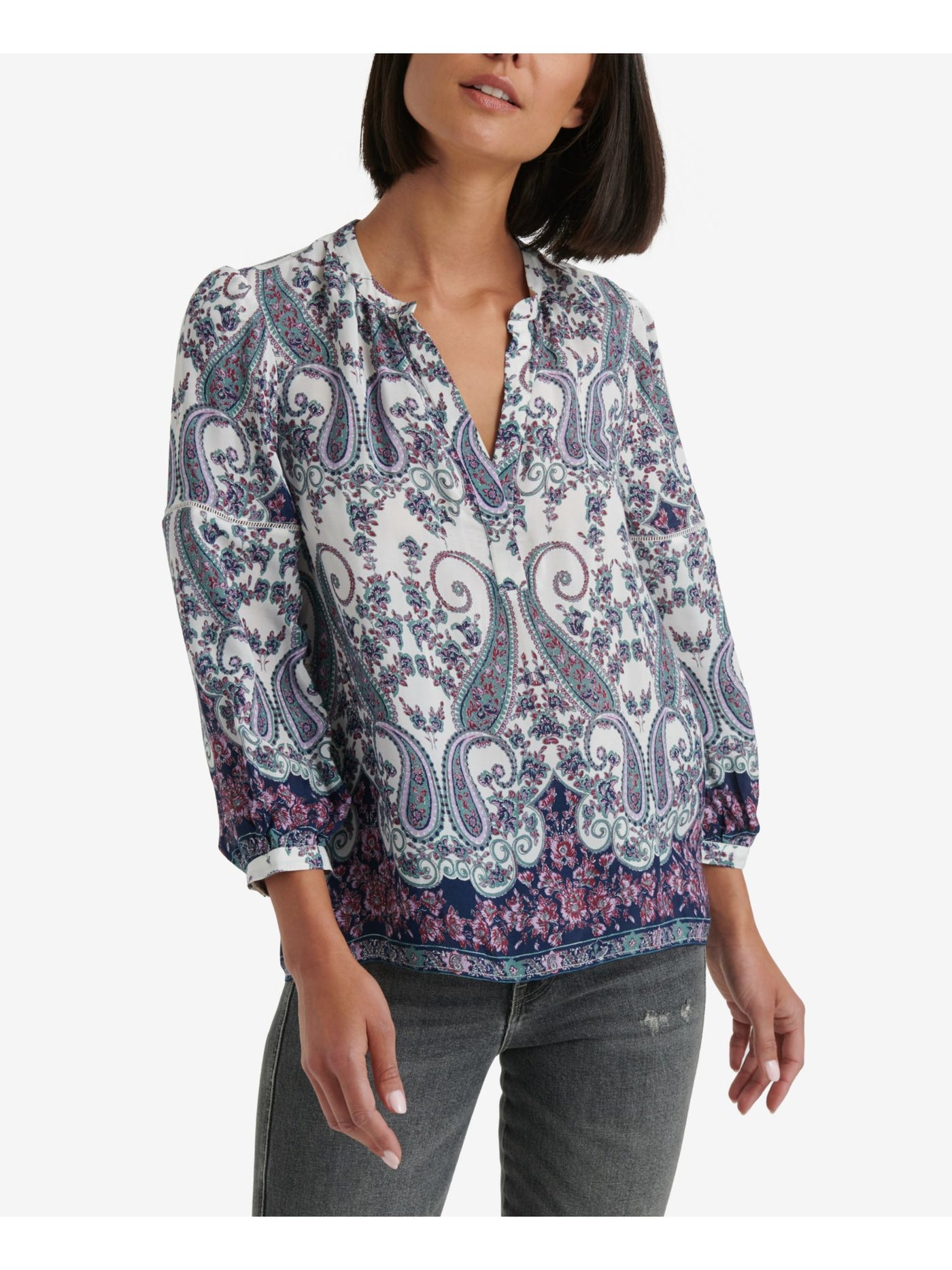 LUCKY BRAND Womens White Paisley Long Sleeve V Neck Blouse S