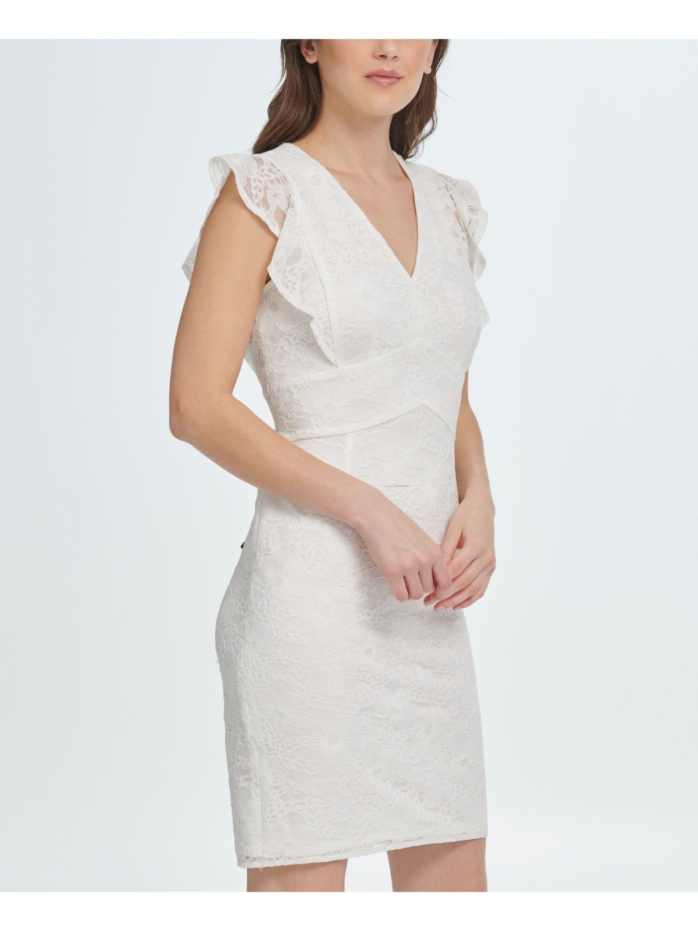 DKNY Womens Lace Ruffled Zippered Flutter Sleeve Cap Sleeve V Neck Above The Knee Cocktail Sheath Dress