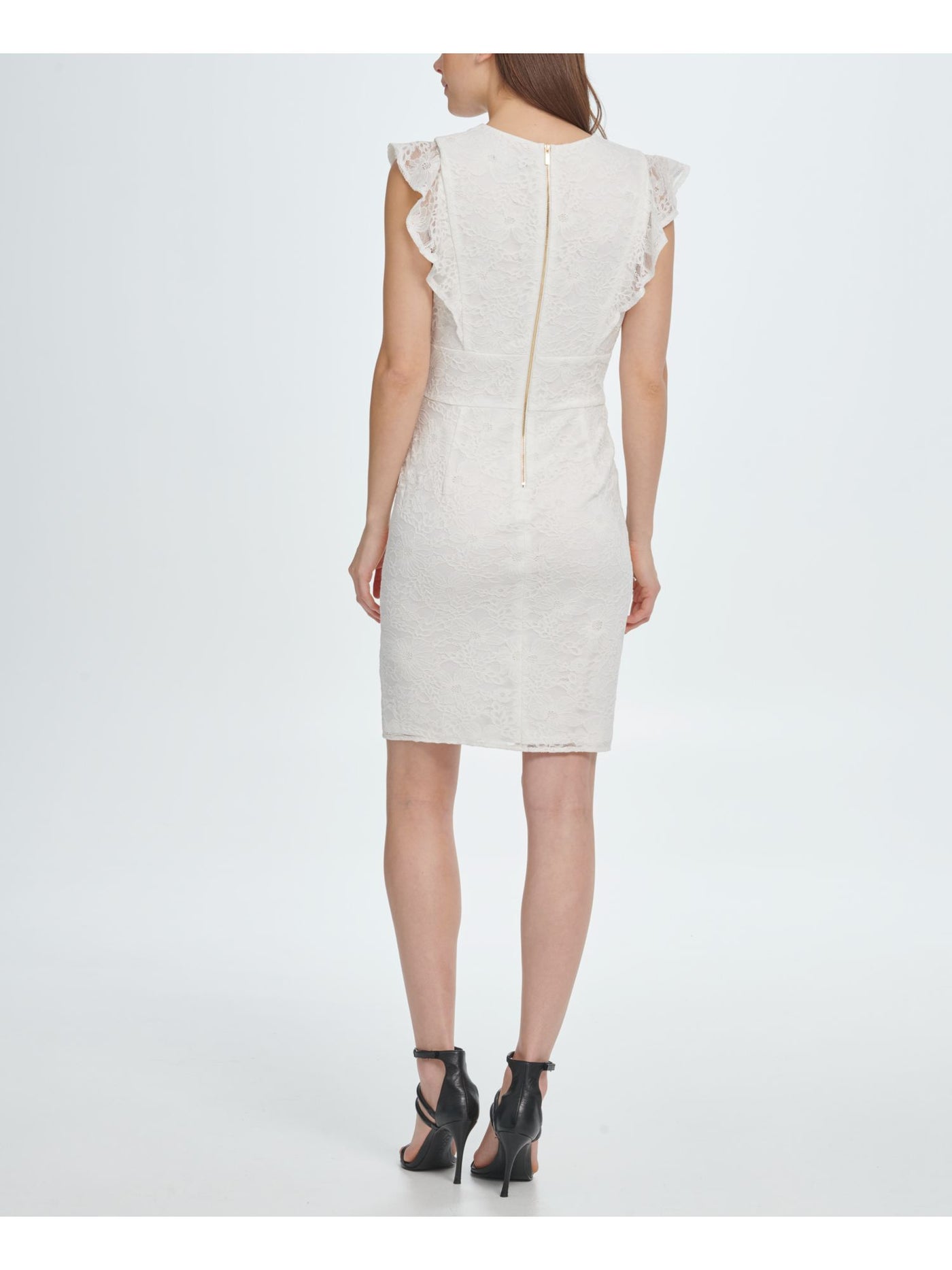 DKNY Womens Lace Ruffled Zippered Flutter Sleeve Cap Sleeve V Neck Above The Knee Cocktail Sheath Dress