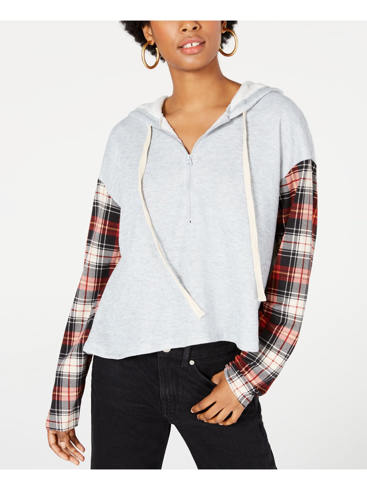 REWASH Womens Long Sleeve Zip Neck Drawstring Hoodie Top