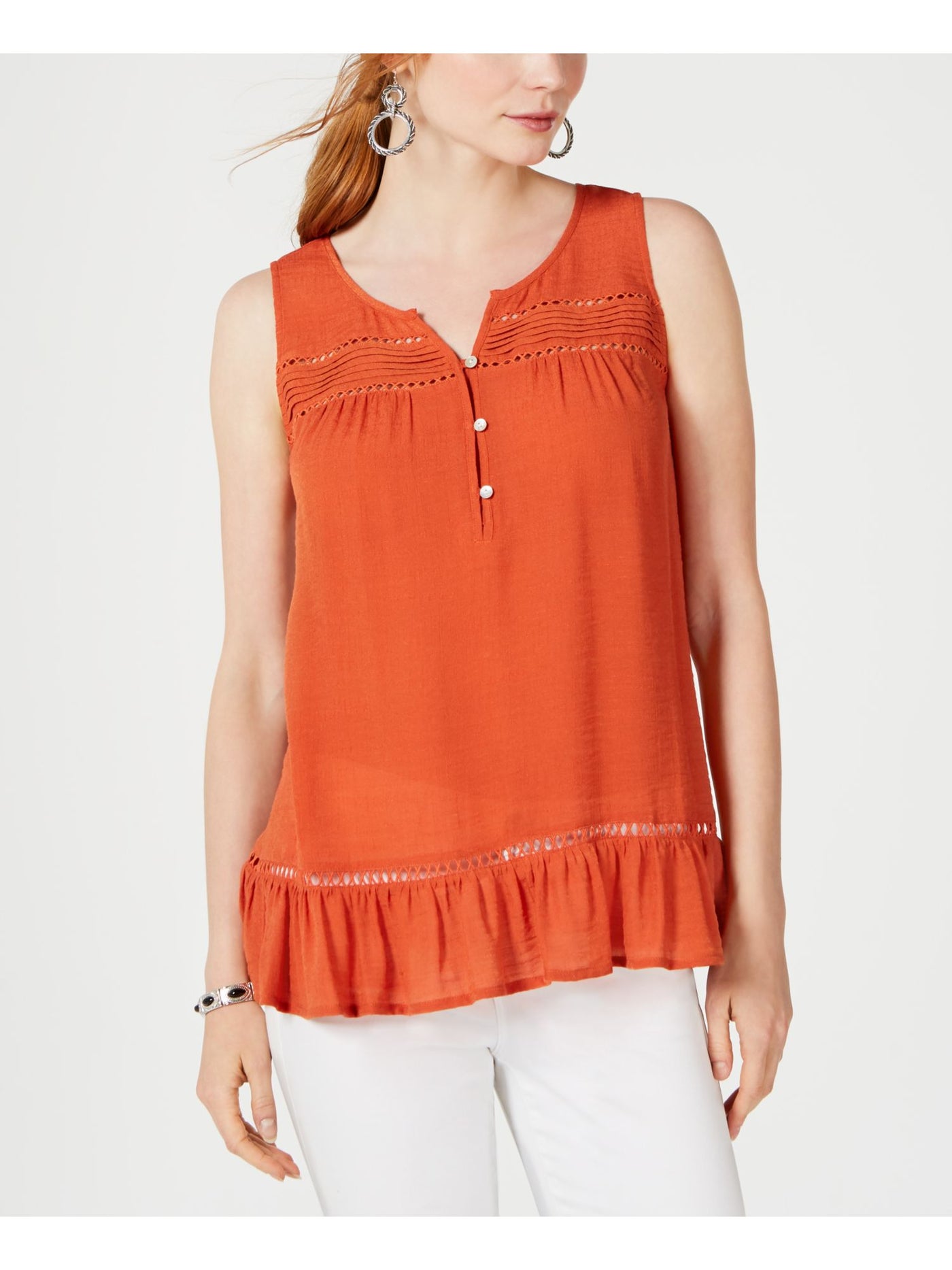 STYLE & COMPANY Womens Orange Ruffled Sleeveless Top L