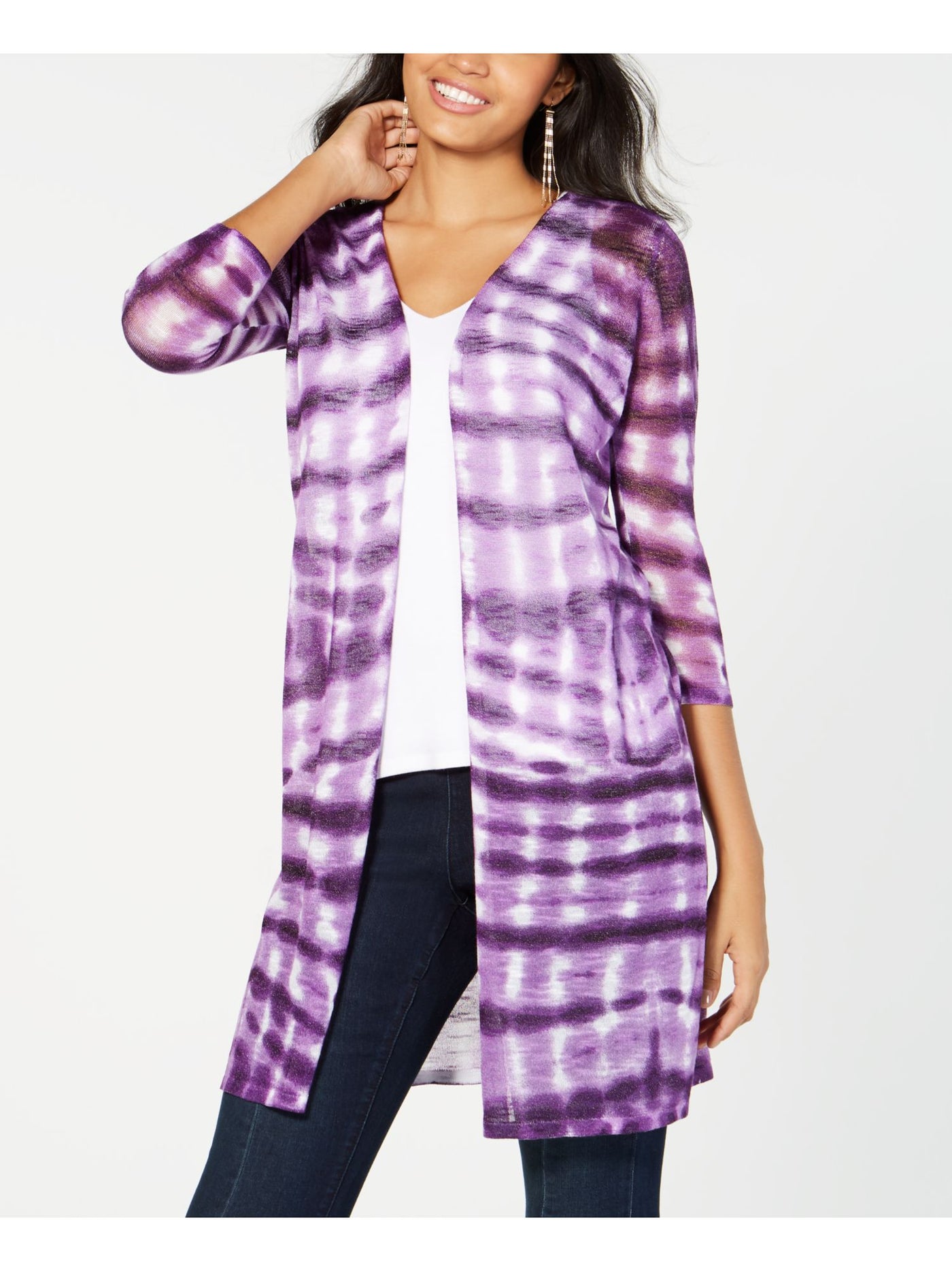 INC Womens Purple Sheer Slitted Tie Dye Open Cardigan Sweater XS