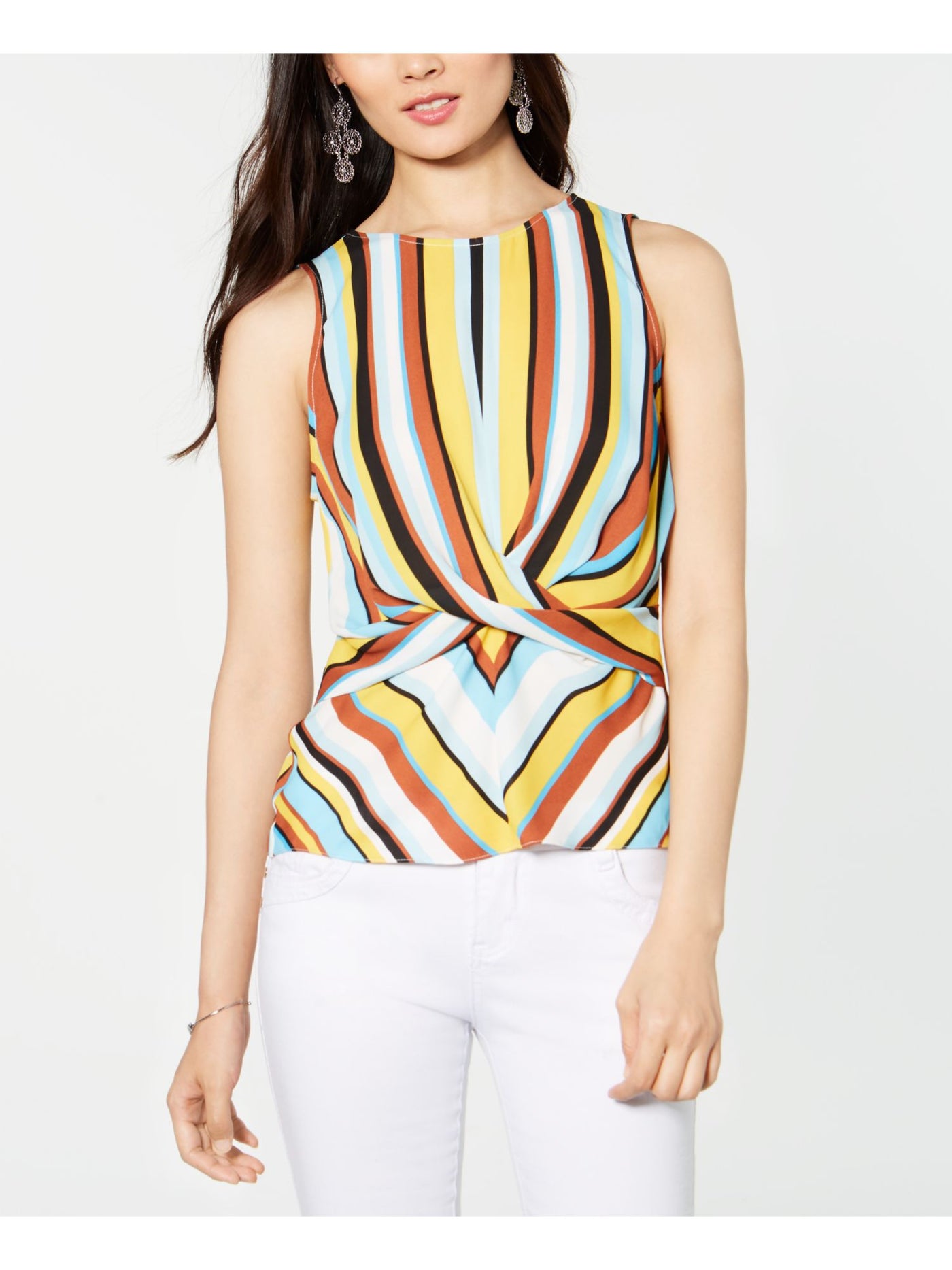 INC Womens Yellow Striped Sleeveless Jewel Neck Top M