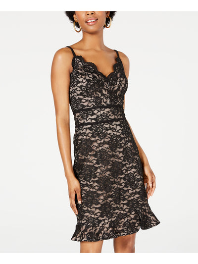 MORGAN & CO Womens Black Lace Glitter Floral Sleeveless V Neck Knee Length Cocktail Sheath Dress 1