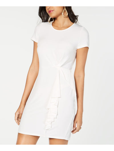 THALIA SODI Womens Ivory Ruffled Short Sleeve Jewel Neck Short Evening Sheath Dress XS