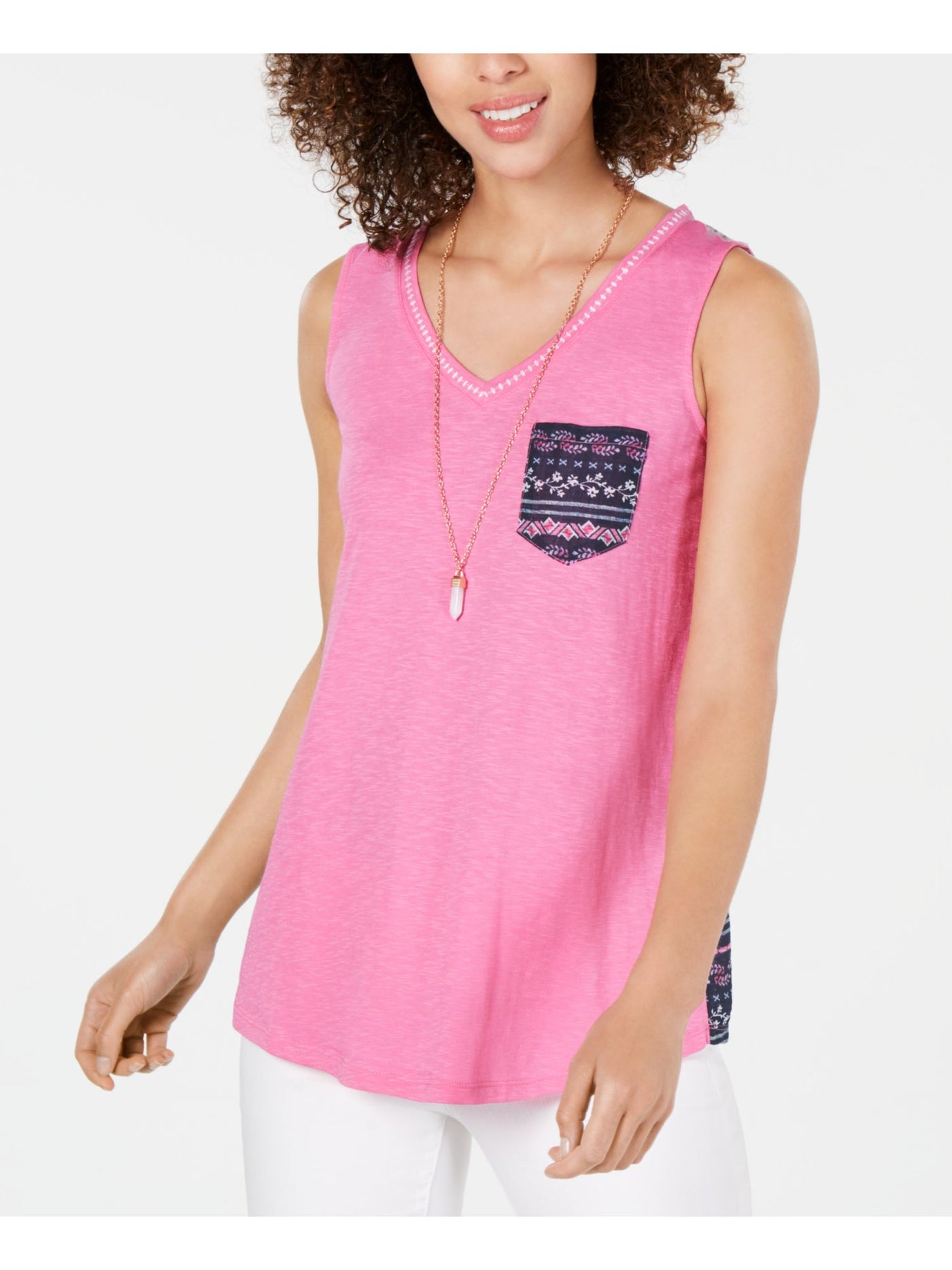 STYLE & COMPANY Womens Pink Pocketed Embroidered Printed Sleeveless V Neck Tank Top XS