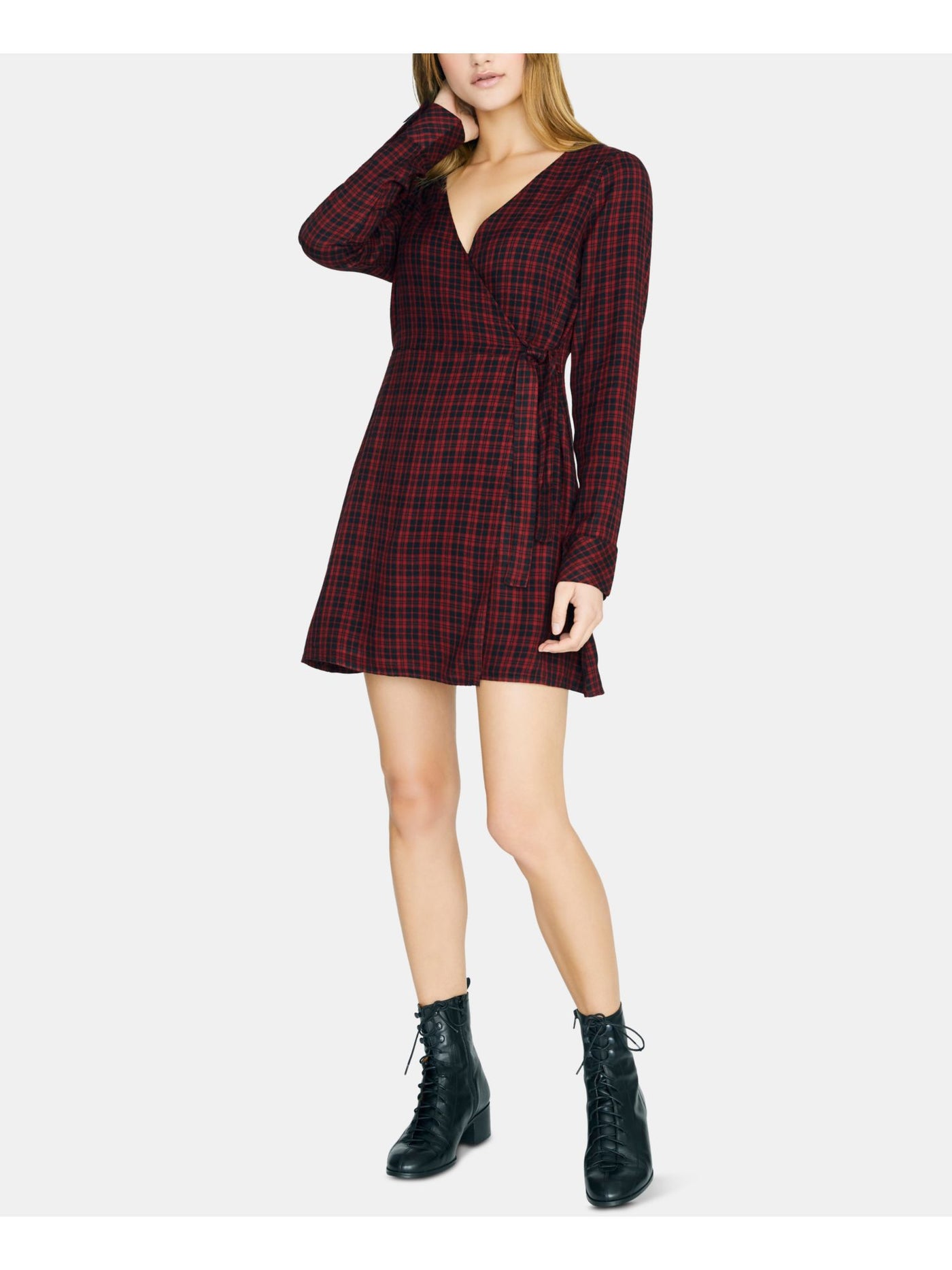 SANCTUARY Womens Red Belted Plaid Long Sleeve V Neck Mini Wrap Dress 0