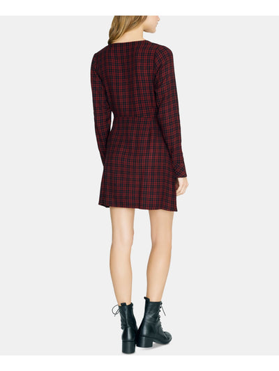 SANCTUARY Womens Red Belted Plaid Long Sleeve V Neck Mini Wrap Dress 6