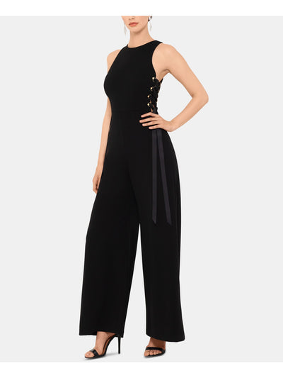 XSCAPE Womens Lace Up Sleeveless Jewel Neck Wide Leg Jumpsuit