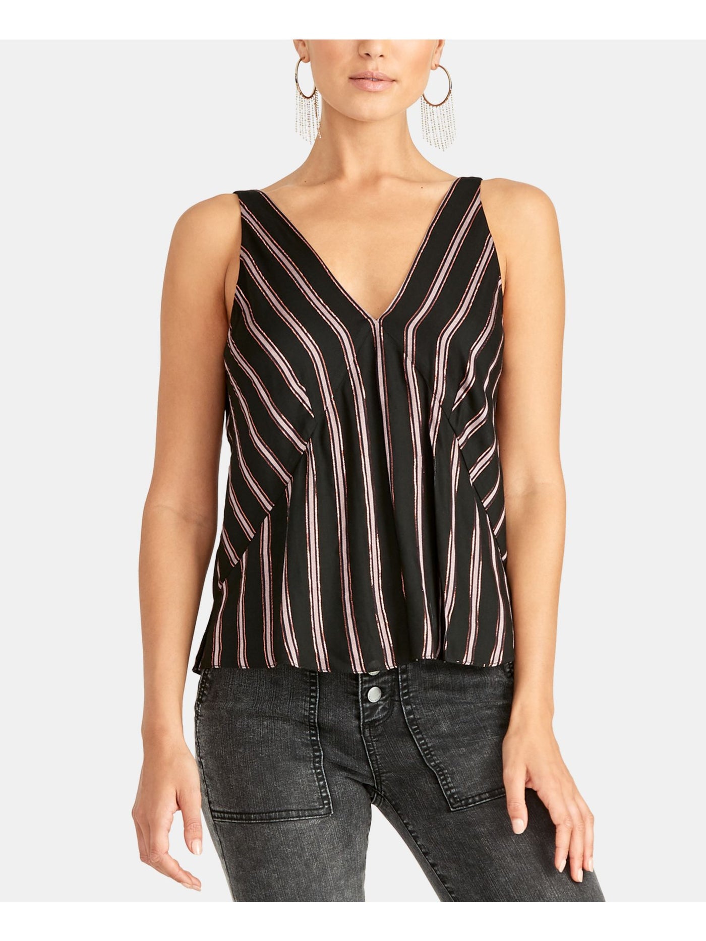 RACHEL ROY Womens Black Striped Sleeveless V Neck Tank Top M