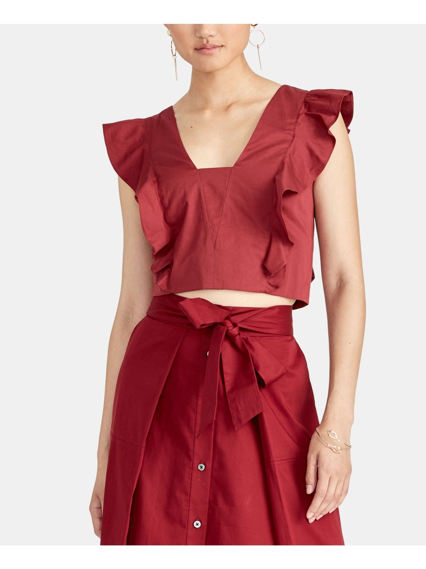 RACHEL ROY Womens Ruffled Flutter Sleeves Tie Back Square Neck Crop Top