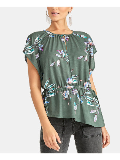 RACHEL ROY Womens Green Ruched Floral Short Sleeve Jewel Neck Top XS