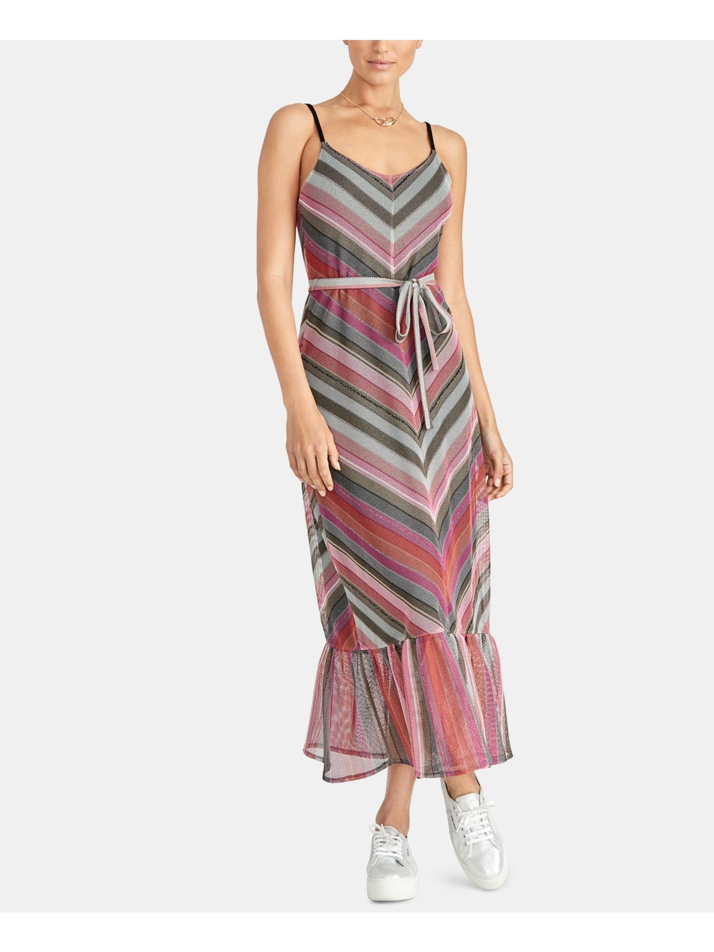 RACHEL ROY Womens Pink Striped Spaghetti Strap V Neck Maxi Party Sheath Dress S