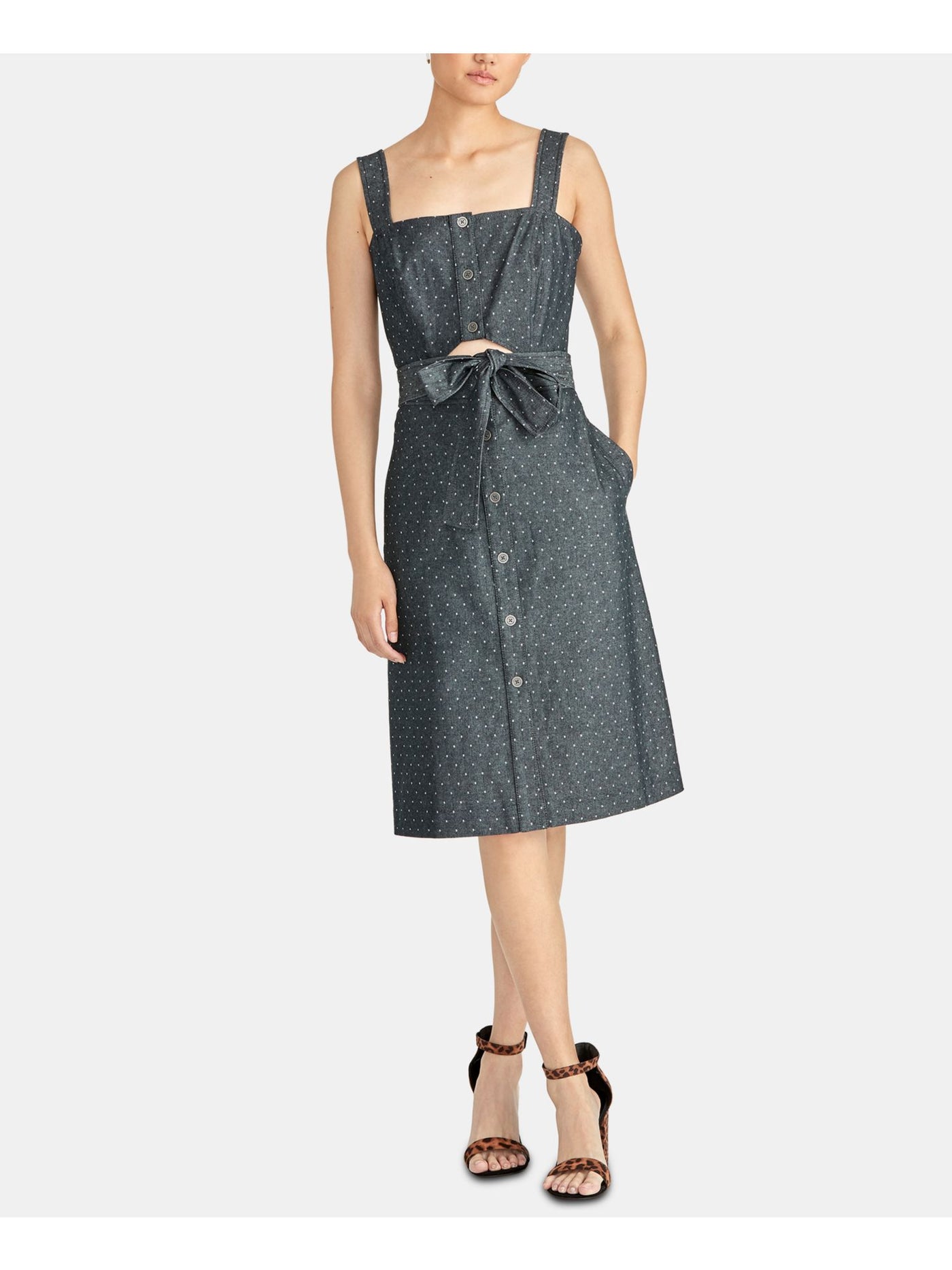 RACHEL ROY Womens Gray Belted Polka Dot Sleeveless Square Neck Below The Knee Party Shift Dress 6