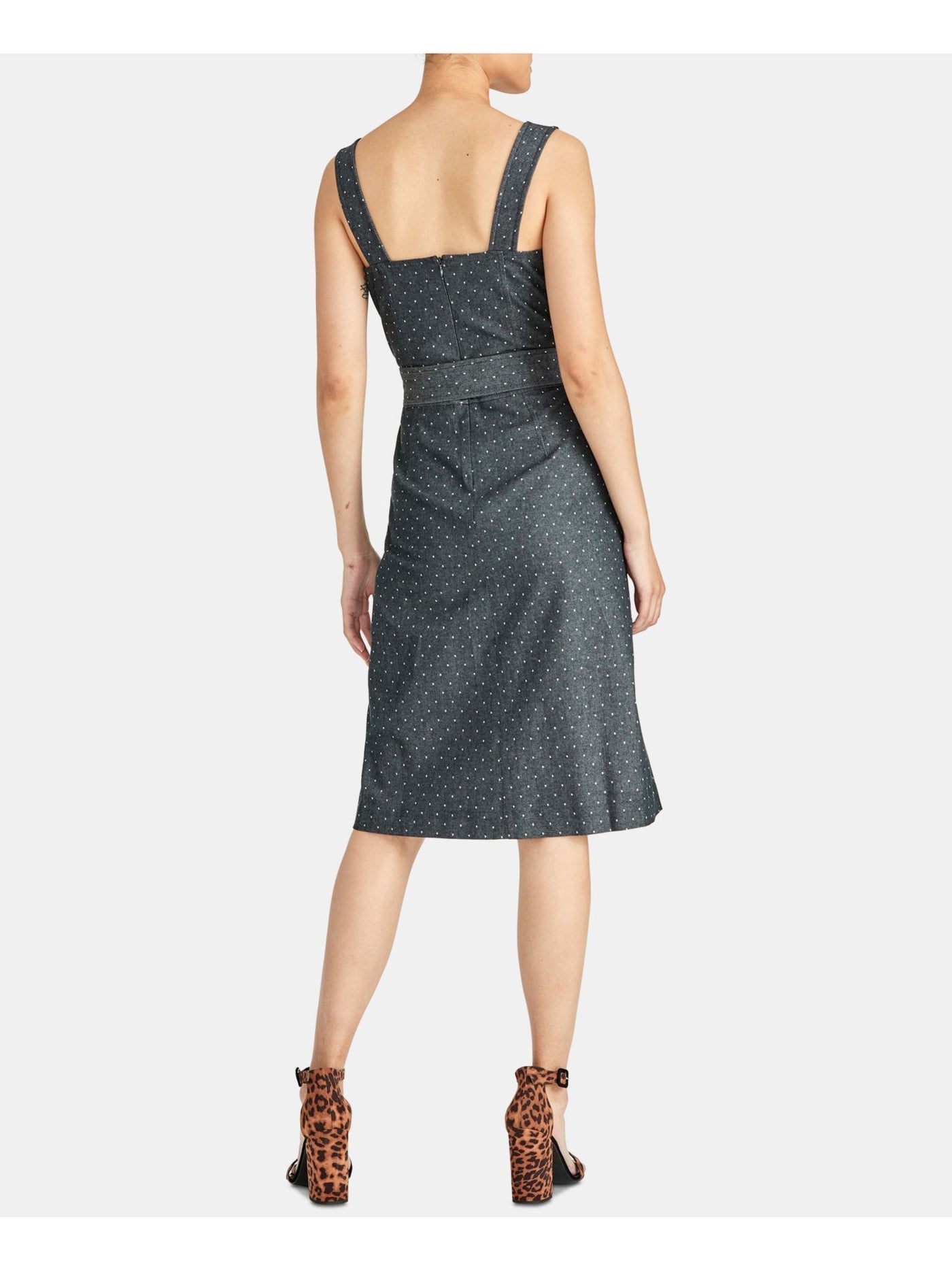 RACHEL ROY Womens Gray Belted Polka Dot Sleeveless Square Neck Below The Knee Party Shift Dress 0