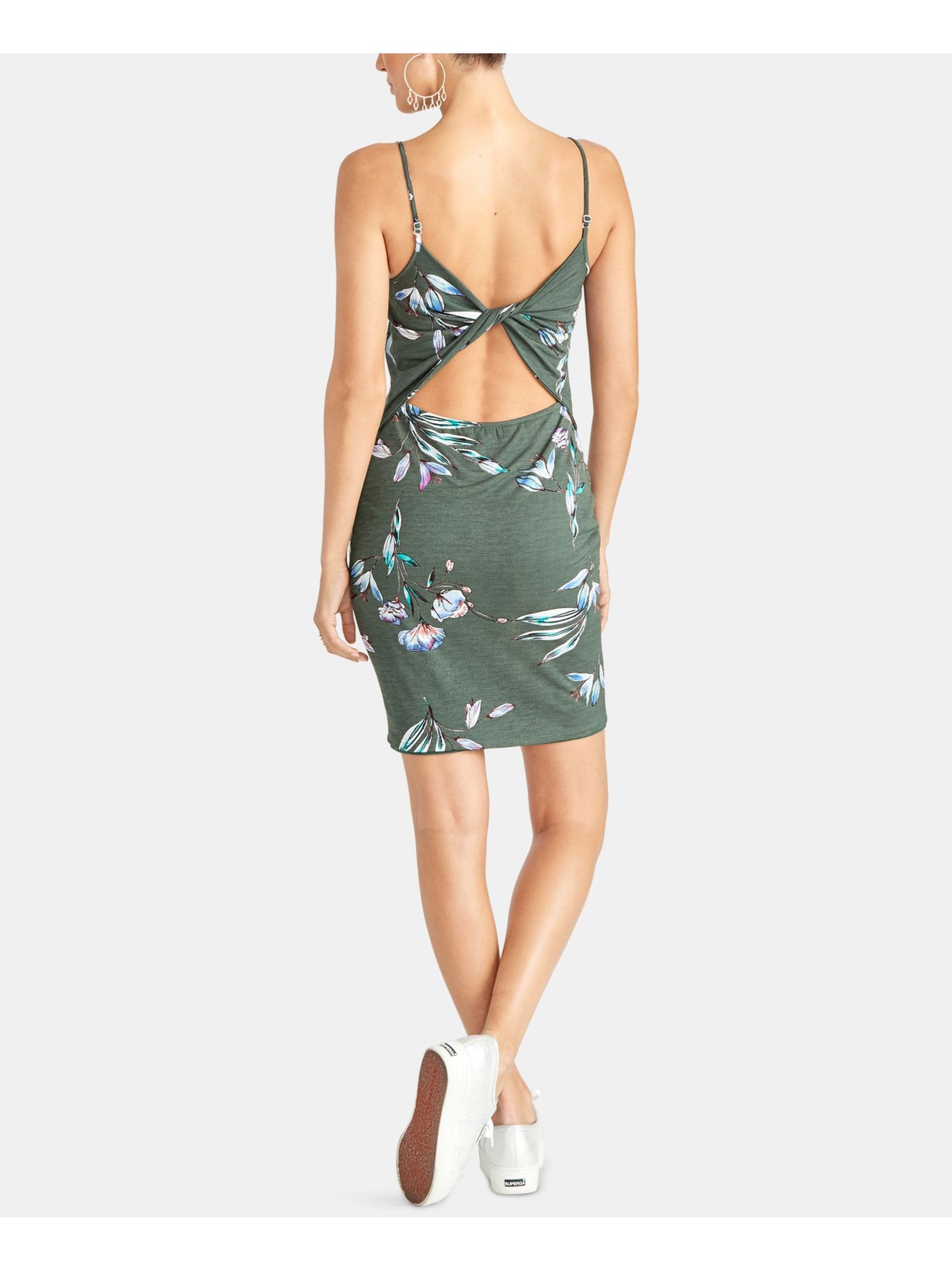 RACHEL ROY Womens Green Twist Back Floral Spaghetti Strap Scoop Neck Above The Knee Body Con Dress S