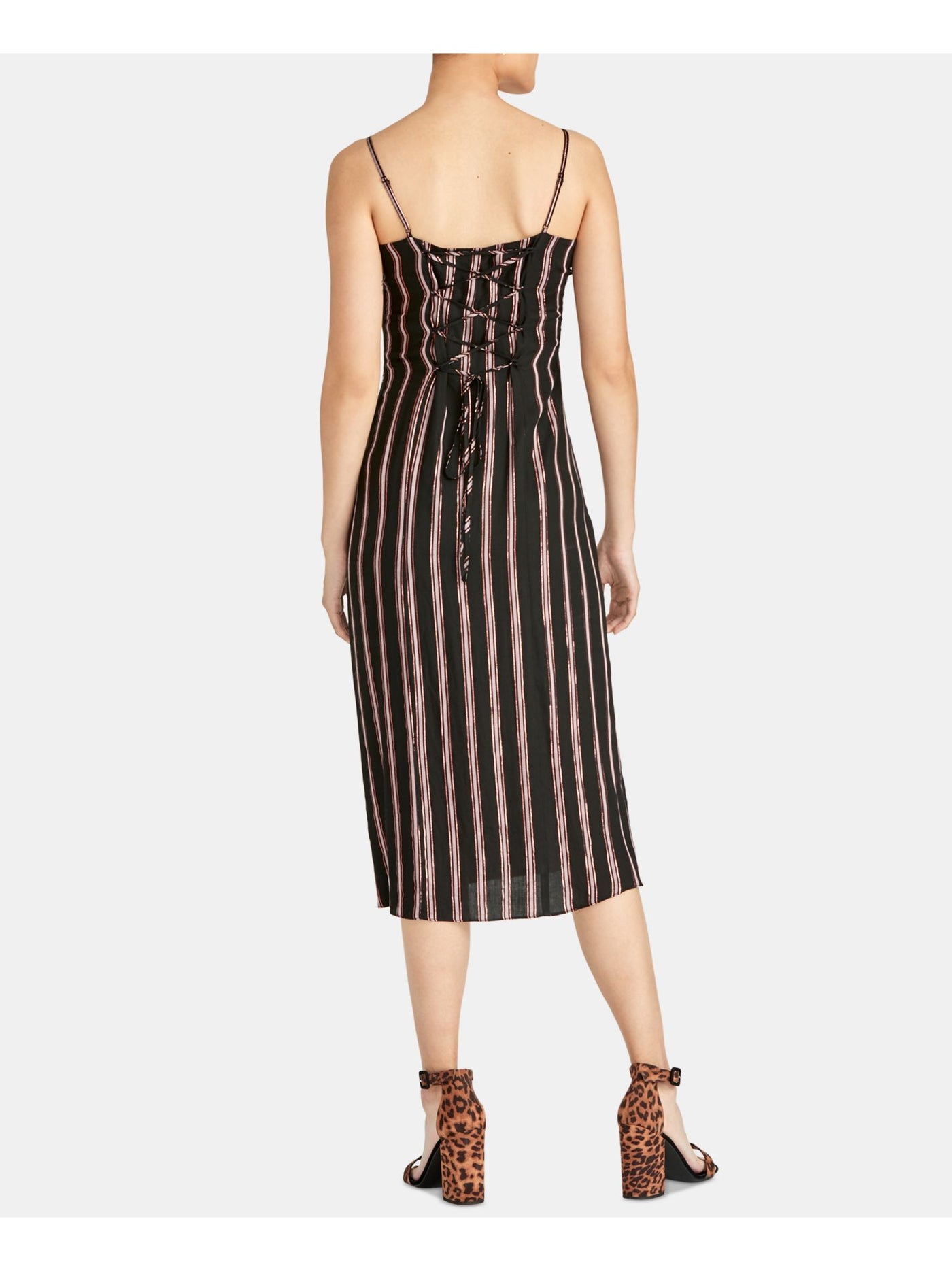 RACHEL ROY Womens Black Striped Spaghetti Strap V Neck Midi Evening Shift Dress XS