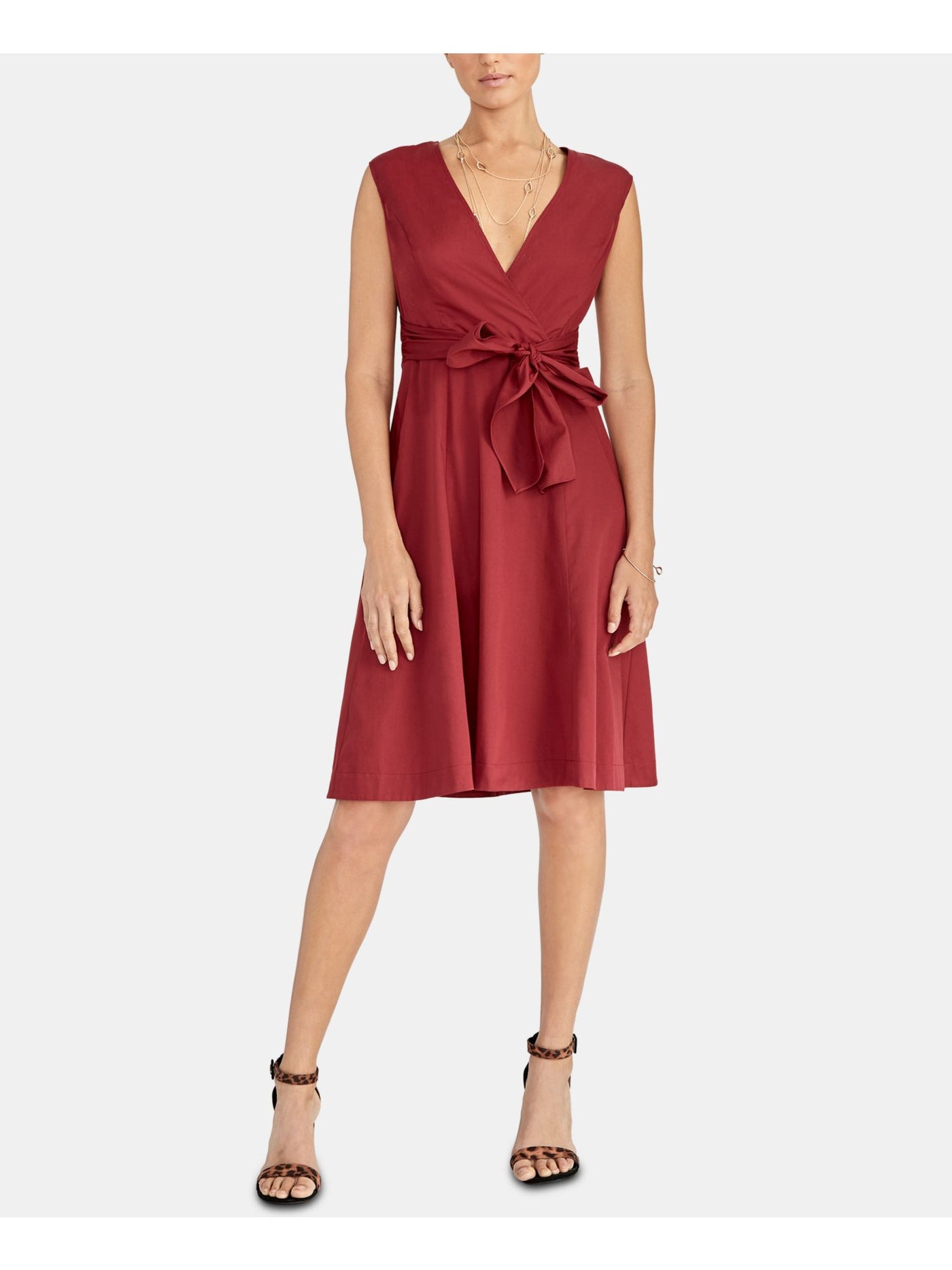 RACHEL ROY Womens Belted Sleeveless V Neck Knee Length Wear To Work Fit + Flare Dress