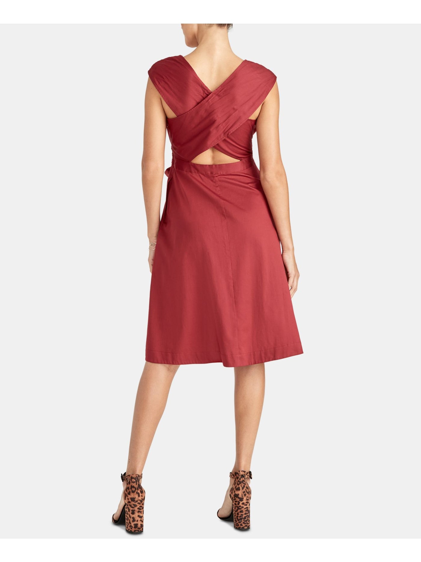 RACHEL ROY Womens Red Belted Sleeveless V Neck Knee Length Wear To Work Fit + Flare Dress 14