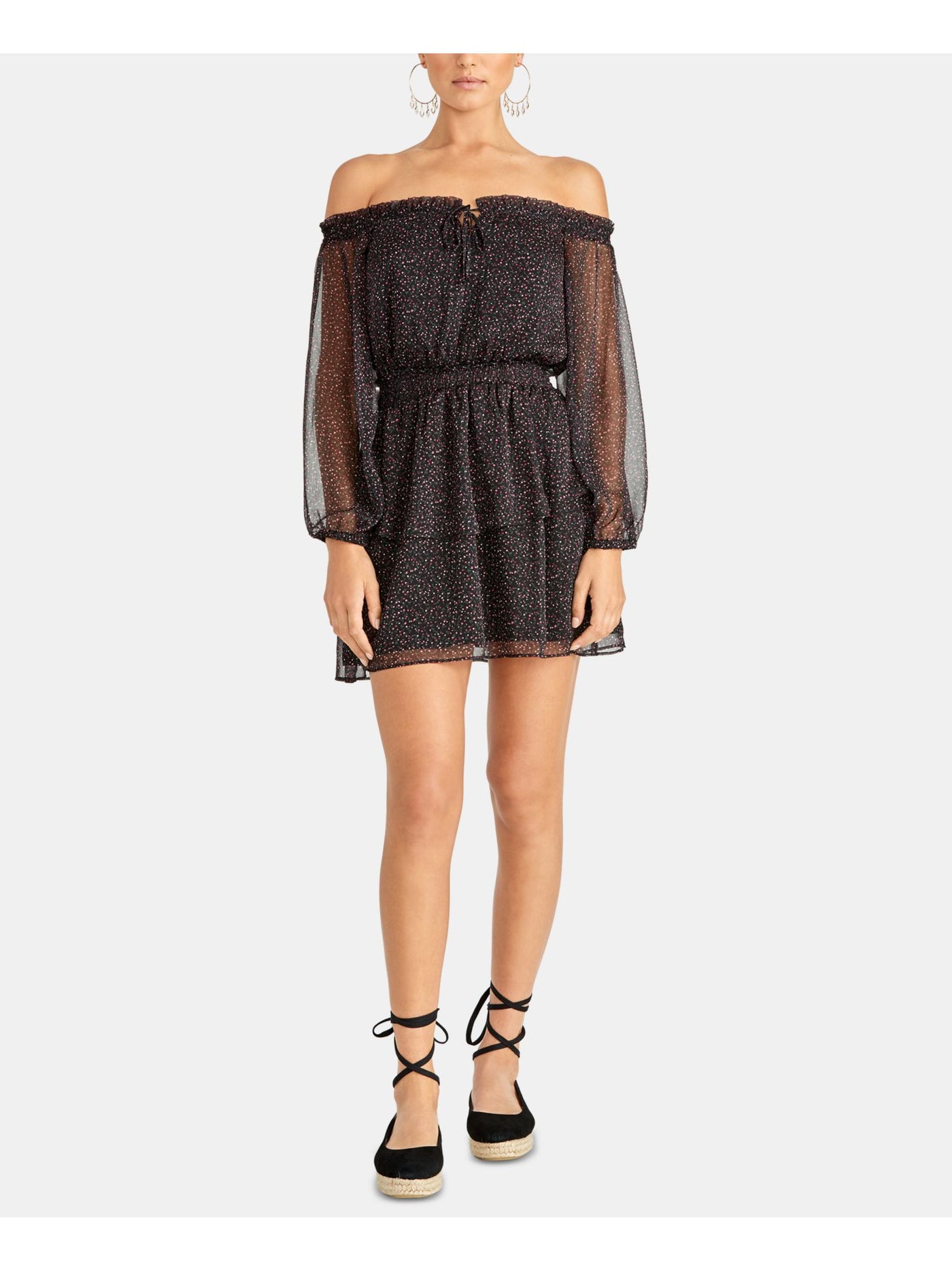 RACHEL RACHEL ROY Womens Black Floral Long Sleeve Off Shoulder Mini Sheath Dress S