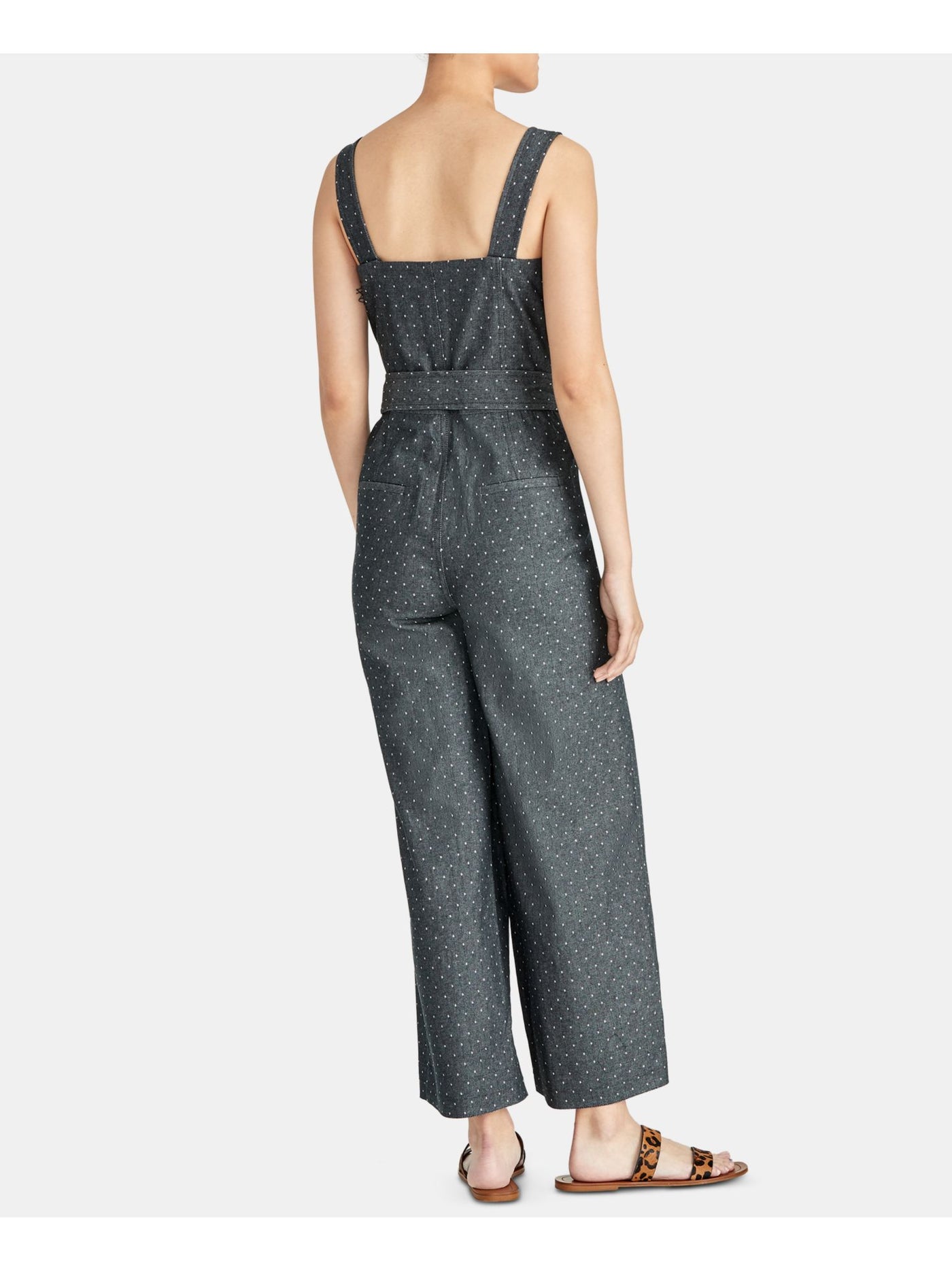 RACHEL ROY Womens Gray Polka Dot Sleeveless Square Neck Boyfriend Jumpsuit 14