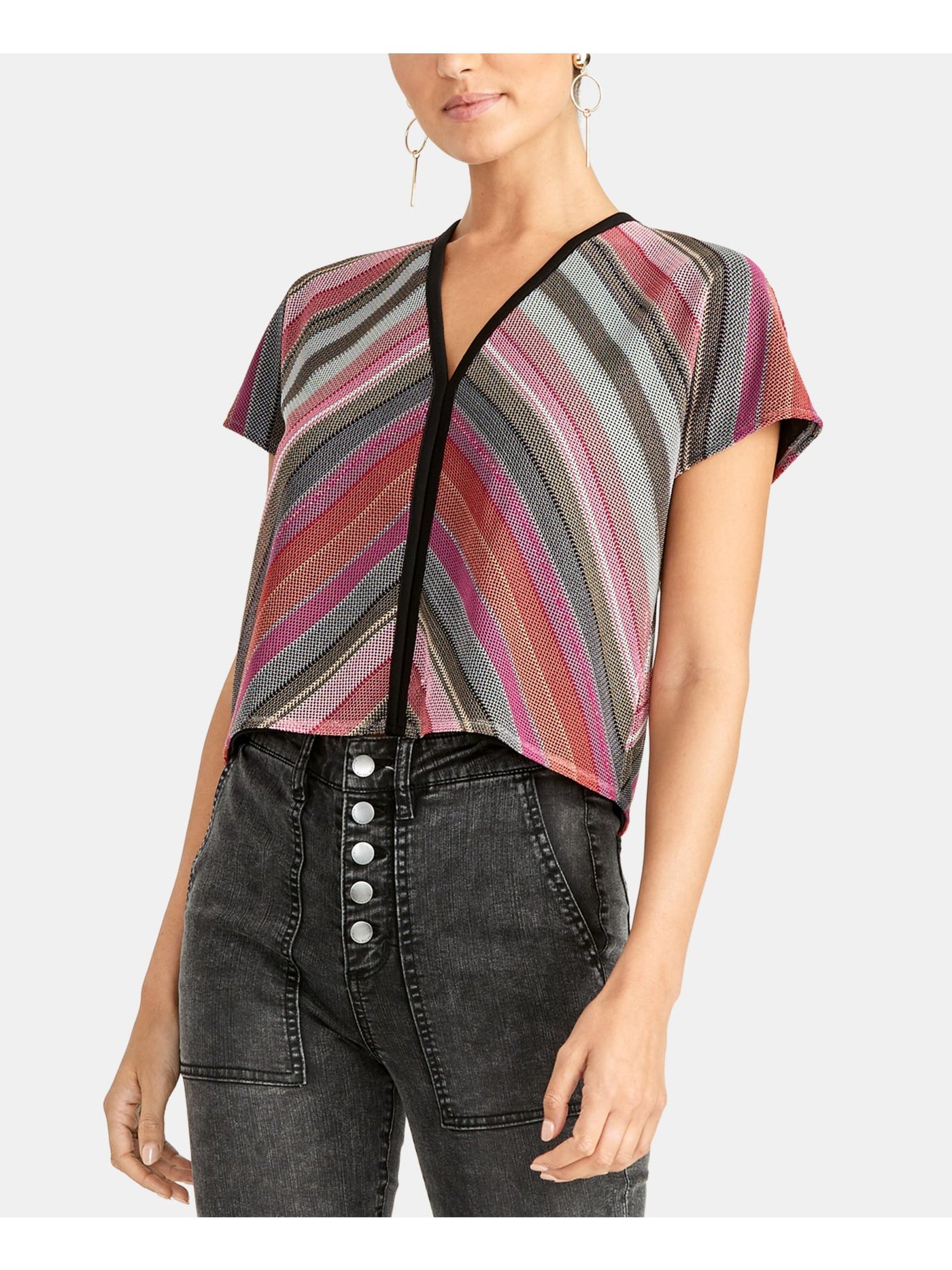 RACHEL ROY Womens Pink Striped Short Sleeve V Neck Top XS