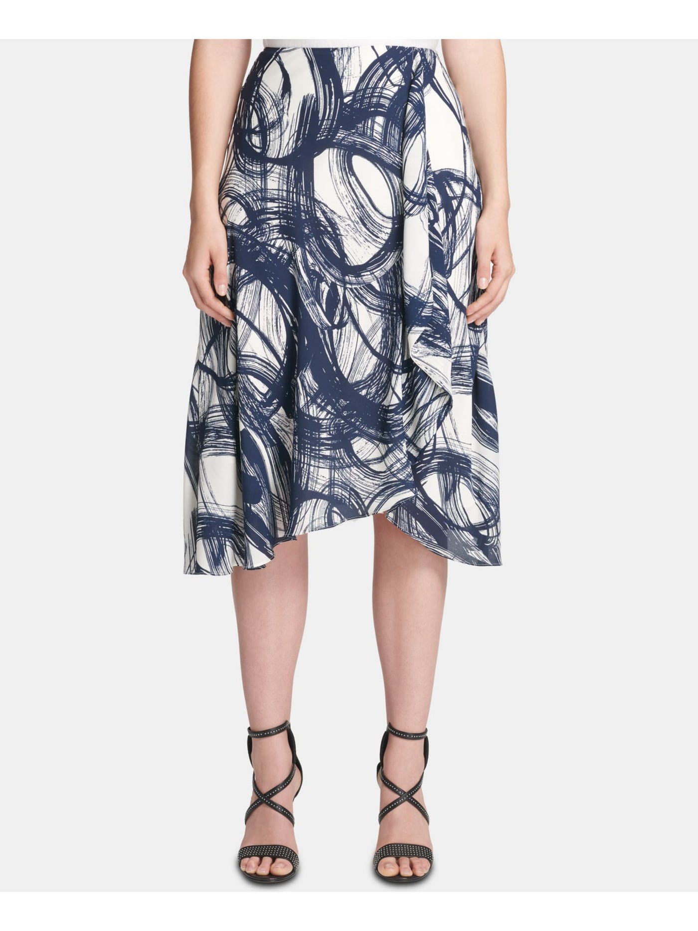 DKNY Womens Navy Printed Midi Trapeze Skirt Petites Size: 12P