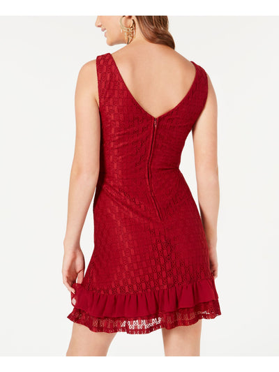 CITY STUDIO Womens Red Flounce Lace Ladder Stitch Sleeveless V Neck Mini Cocktail Dress 1