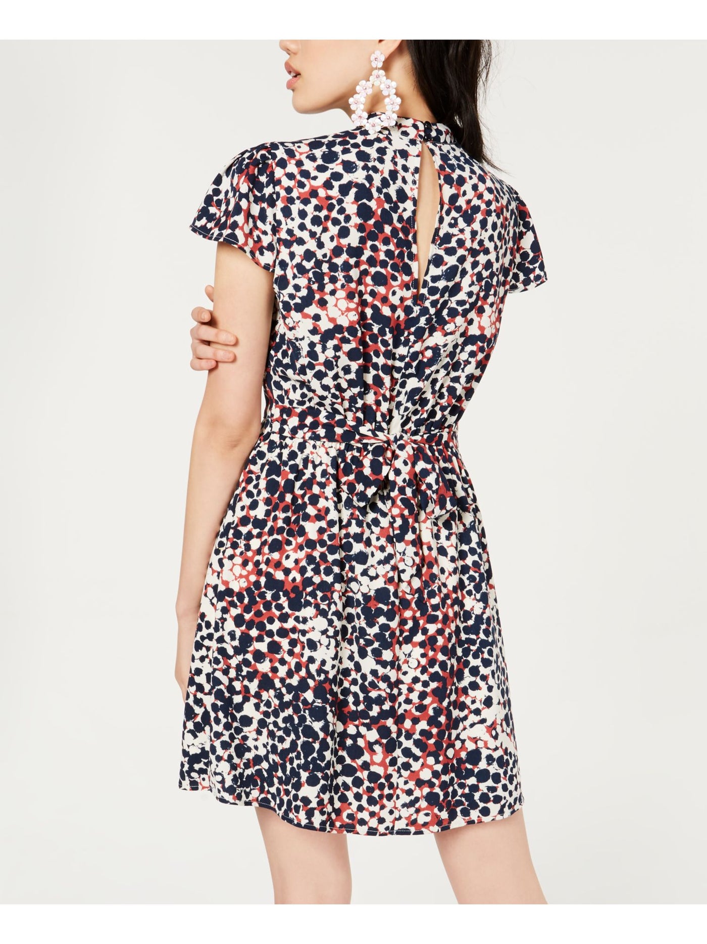 CITY STUDIO Womens White Printed Short Sleeve Mandarin Collar Short Fit + Flare Dress 2XS