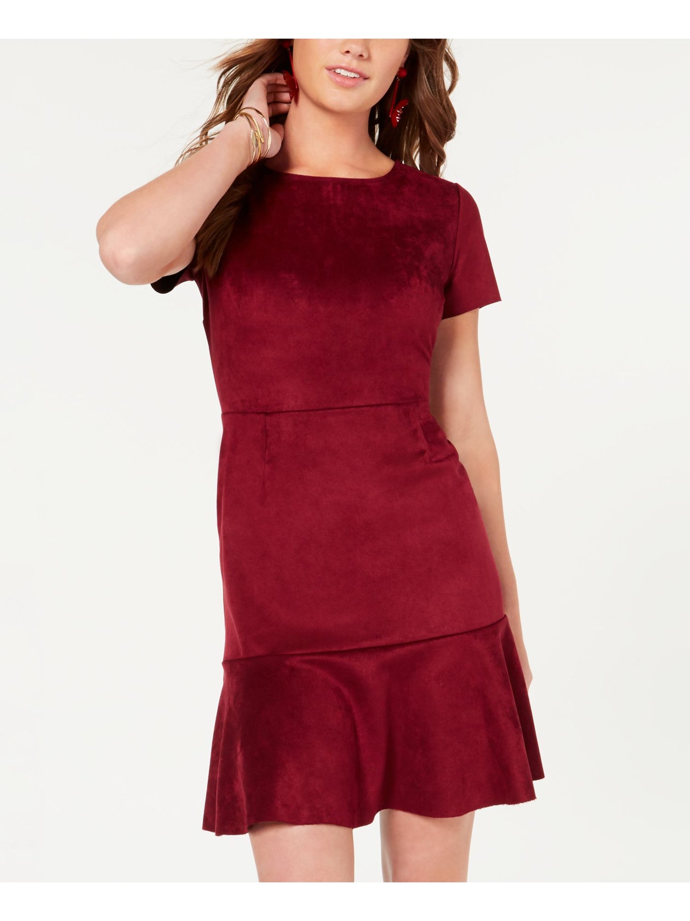 Rosie Harlow Womens Burgundy Faux Suede Short Sleeve Jewel Neck Short Sheath Dress XXS