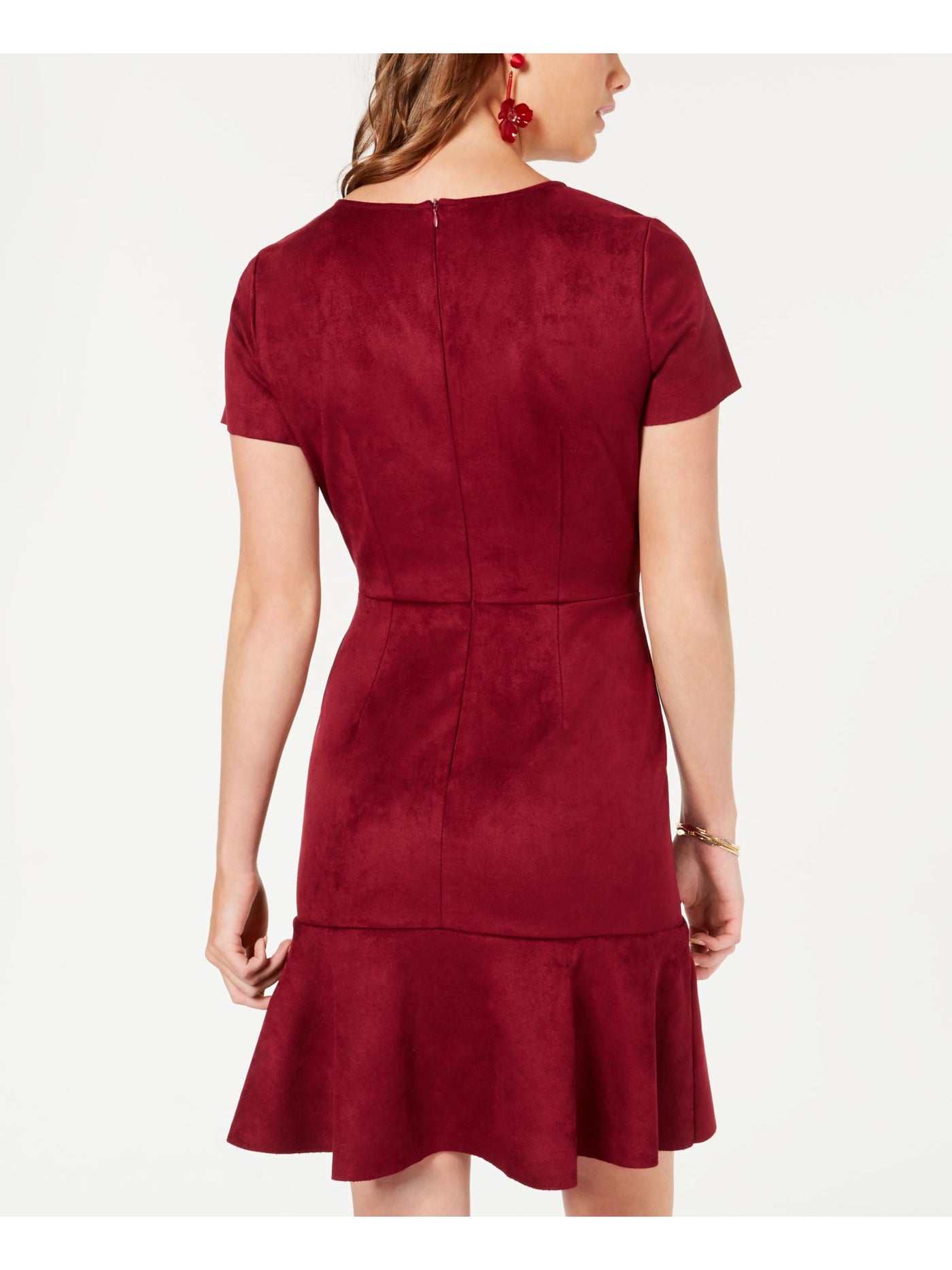 Rosie Harlow Womens Burgundy Faux Suede Short Sleeve Jewel Neck Short Sheath Dress M