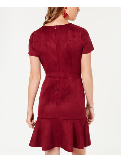 Rosie Harlow Womens Burgundy Faux Suede Short Sleeve Jewel Neck Short Sheath Dress M