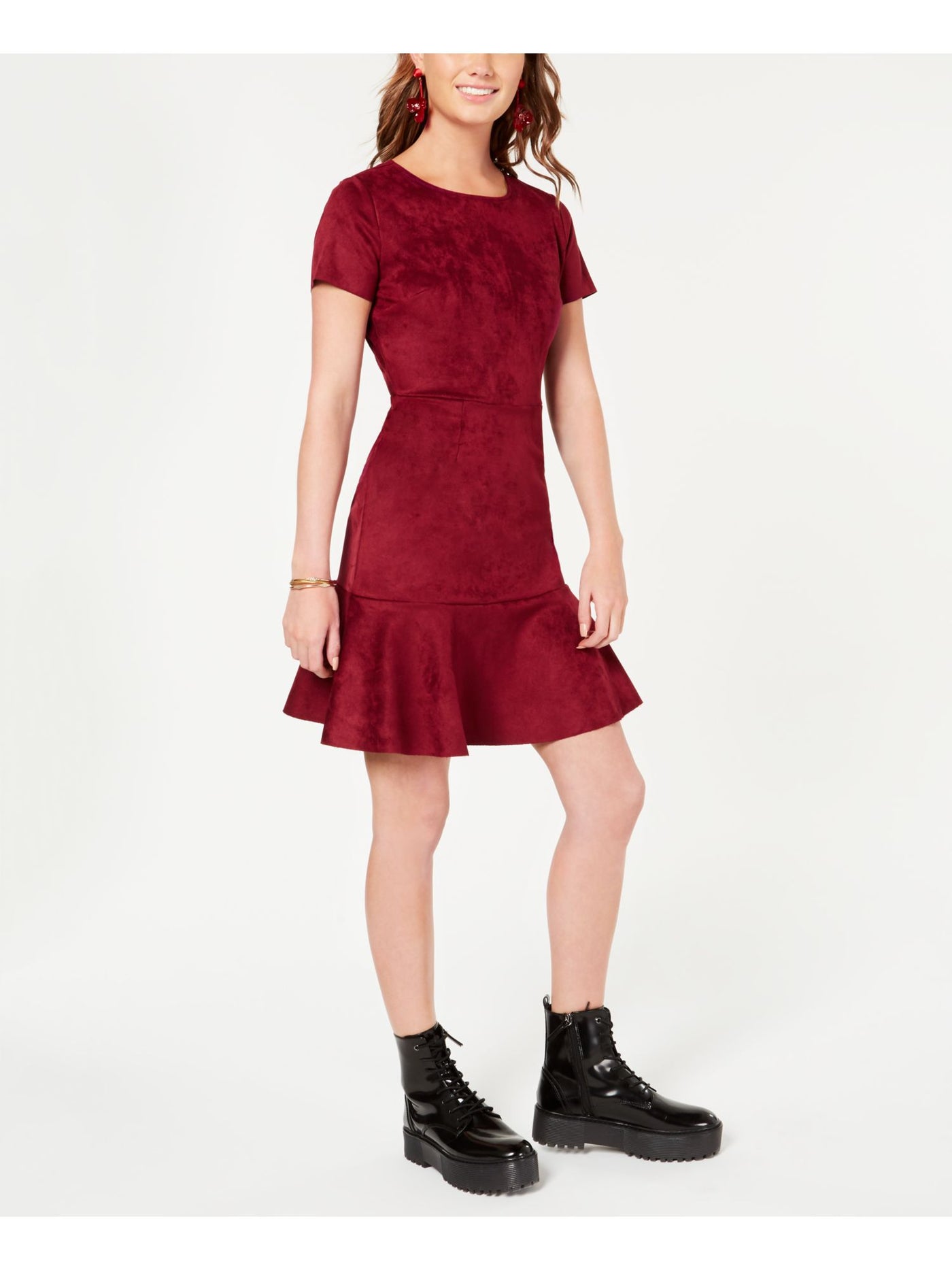 Rosie Harlow Womens Burgundy Faux Suede Short Sleeve Jewel Neck Short Sheath Dress XXS